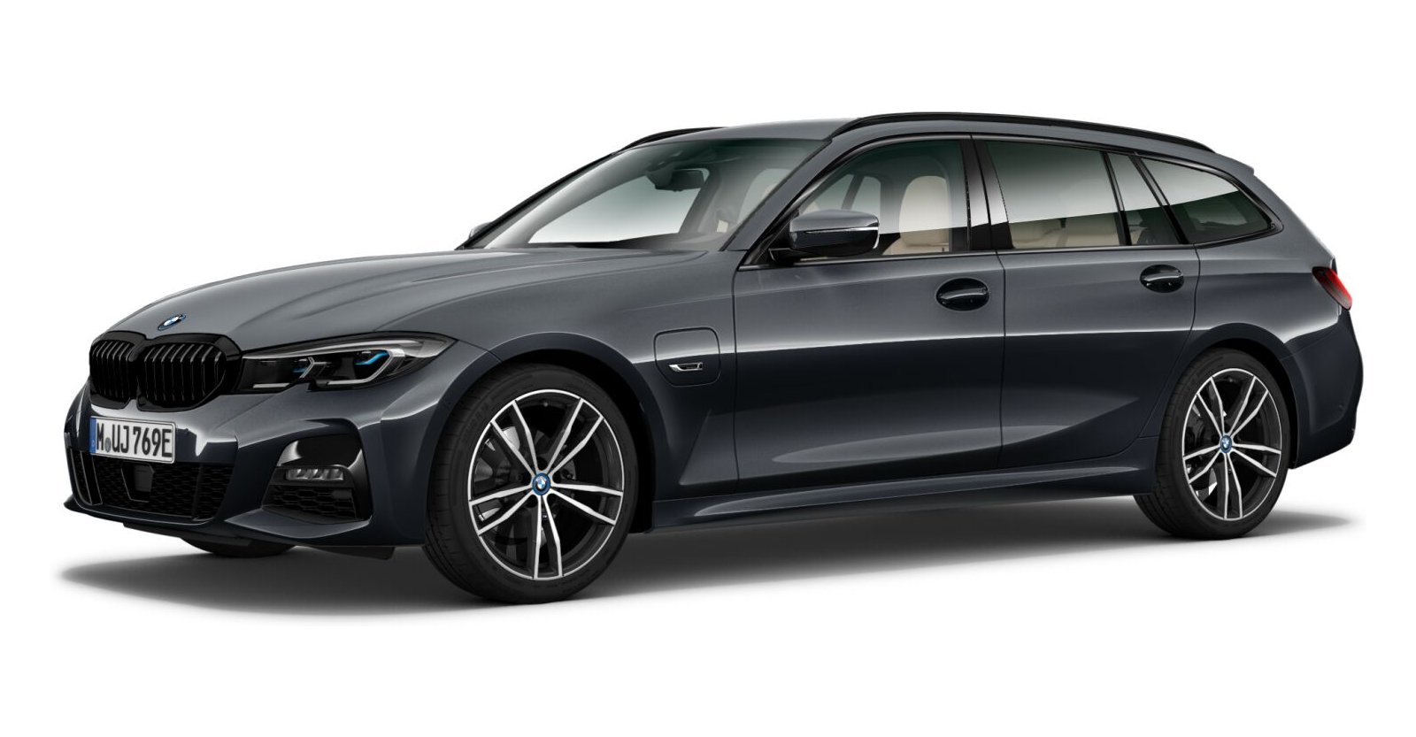 BMW 330e Touring in Grau von vorne