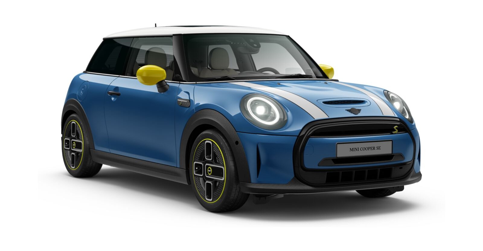 MINI Cooper SE in Blau von vorne