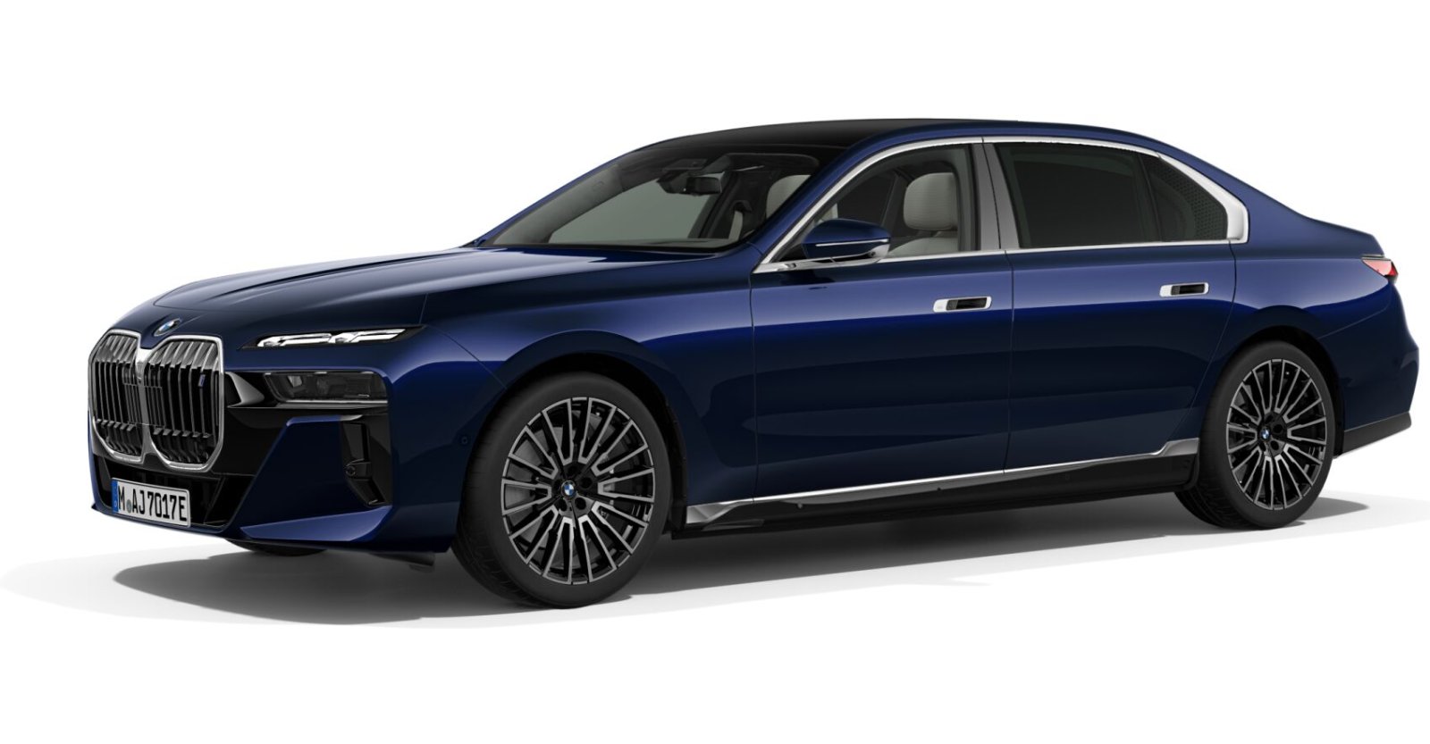 BMW i7 eDrive50 Limousine in Blau von vorne BMW i7 eDrive50 Limousine in Blau von vorne