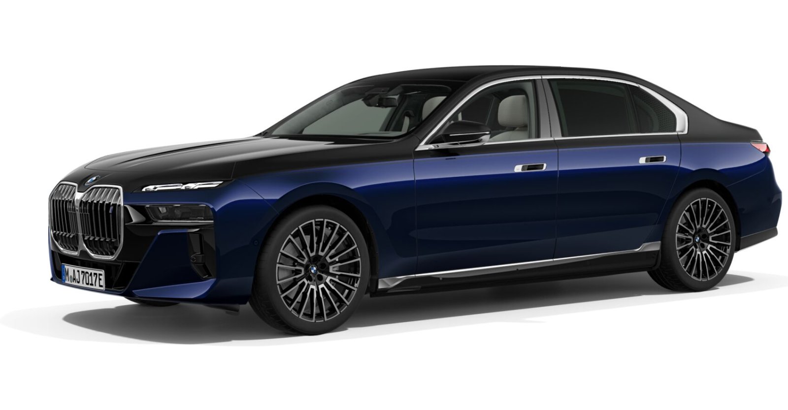 BMW i7 xDrive60 Limousine in Blau von vorne