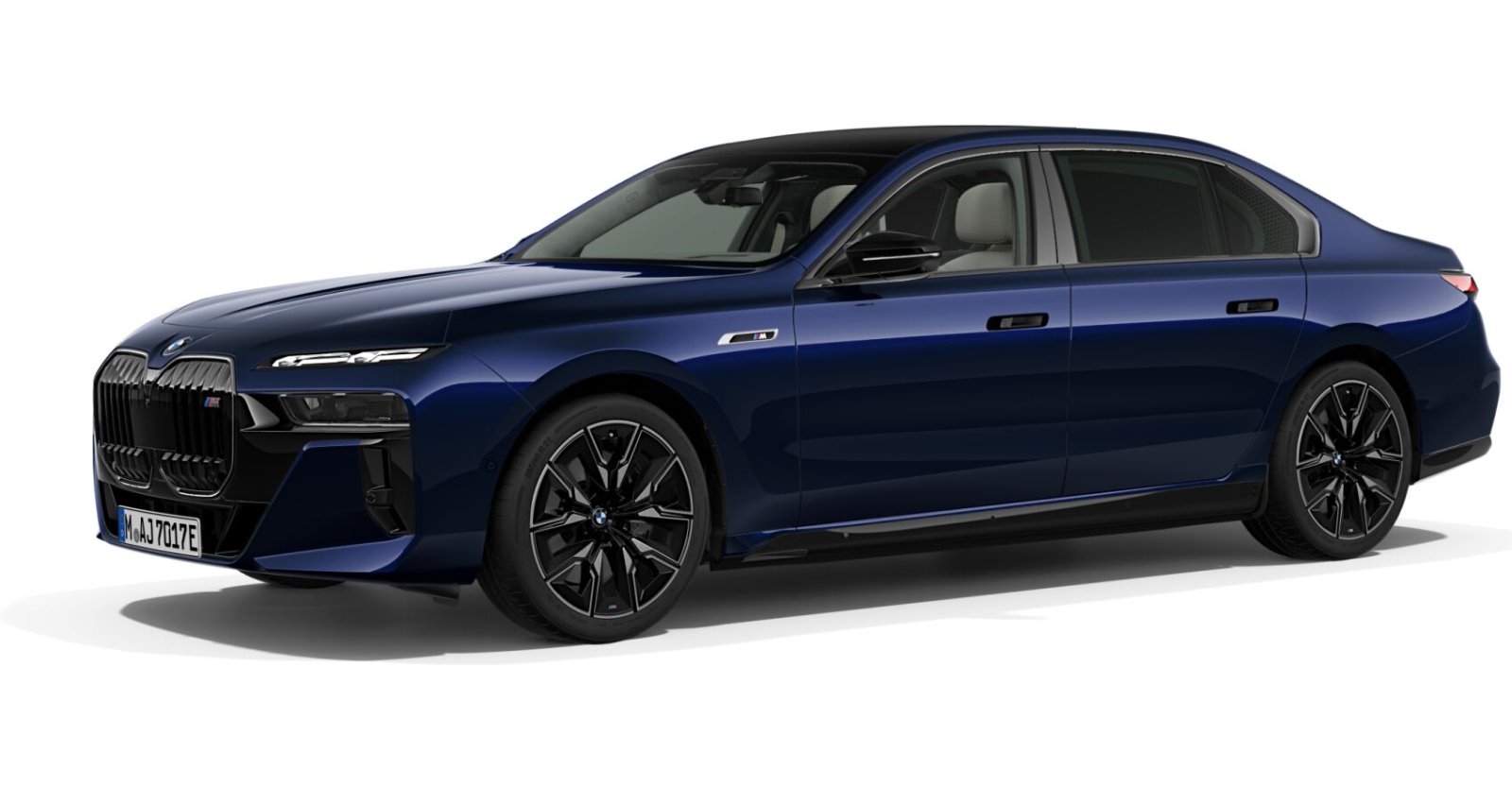 BMW i7 M70 xDrive Limousine in Blau von vorne