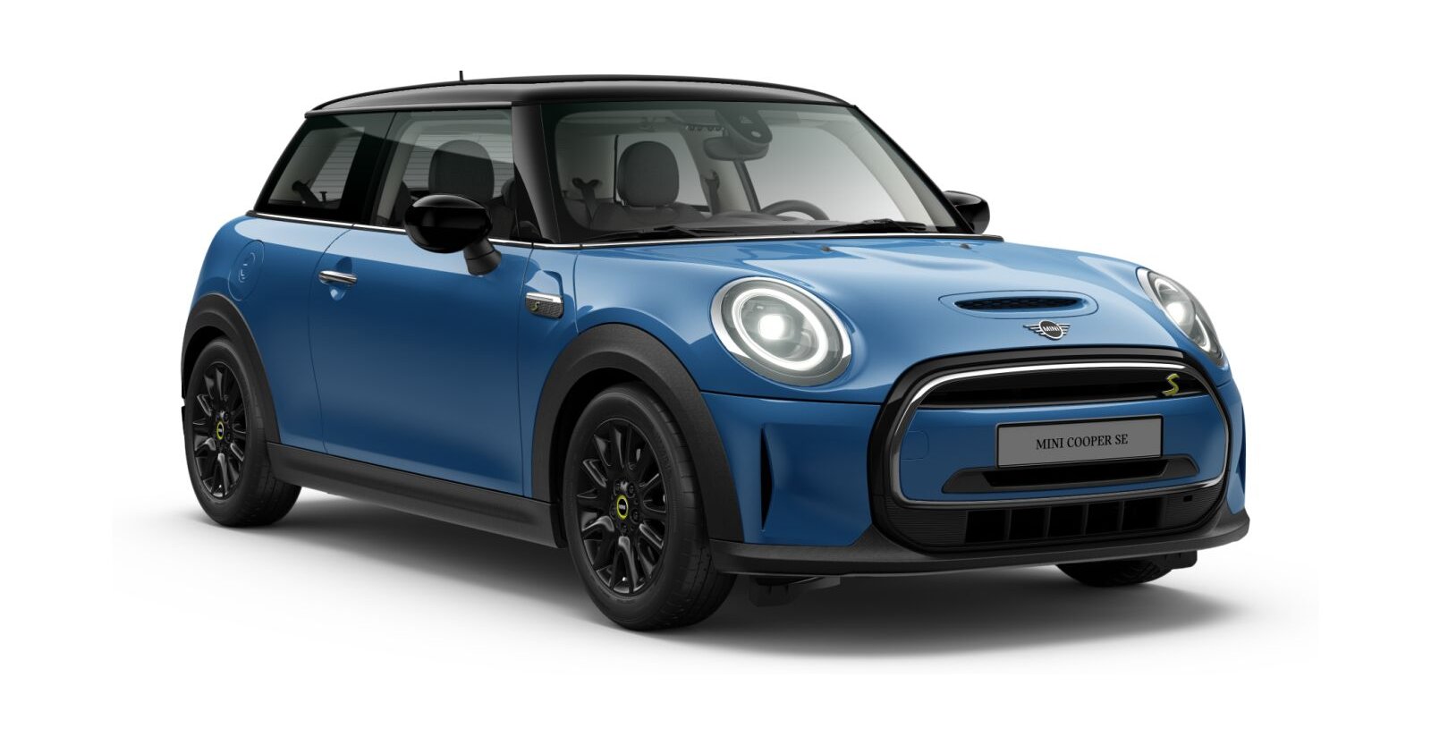 MINI Cooper SE in Blau von vorne