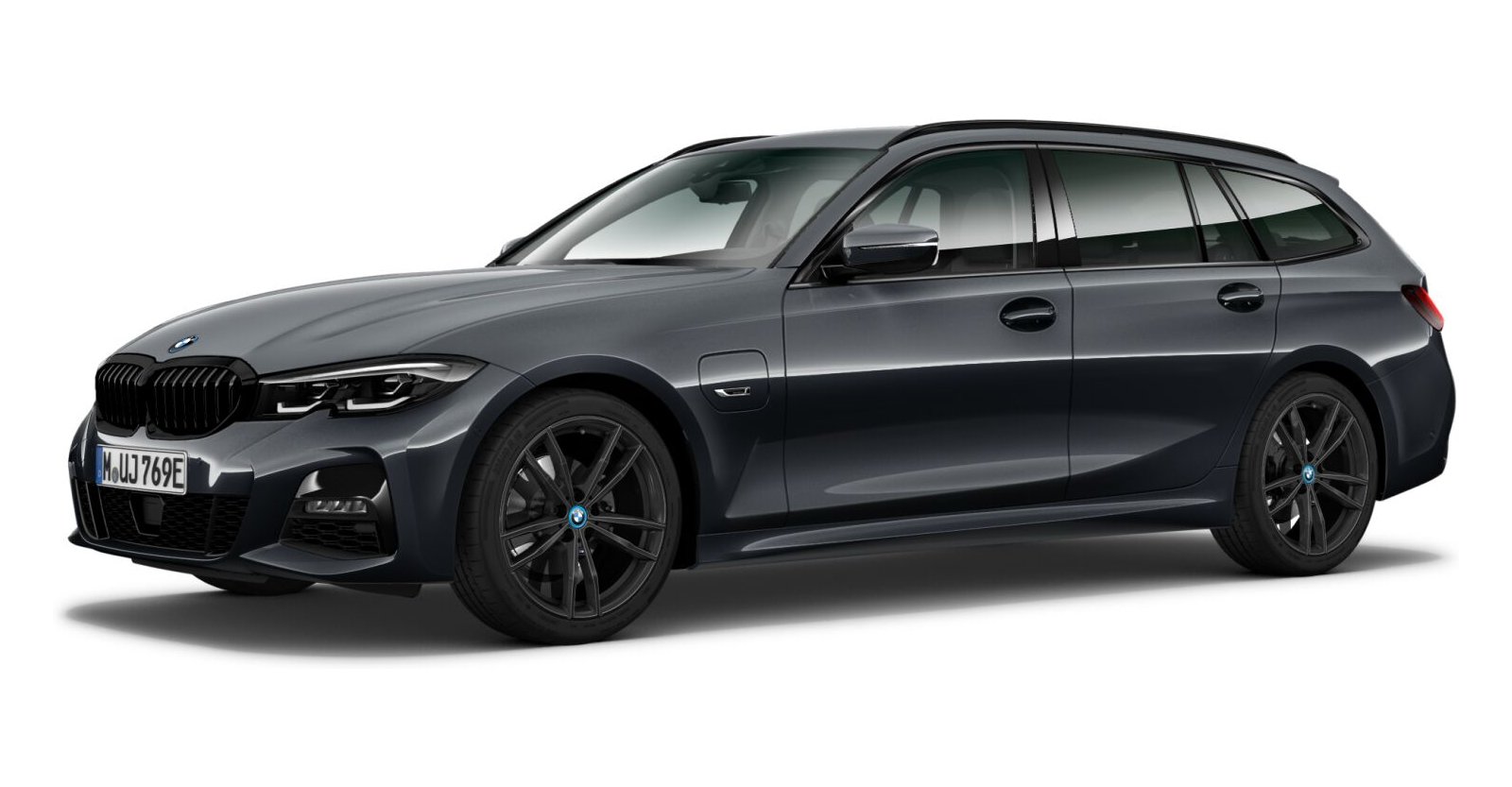 BMW 330e Touring in Grau von vorne