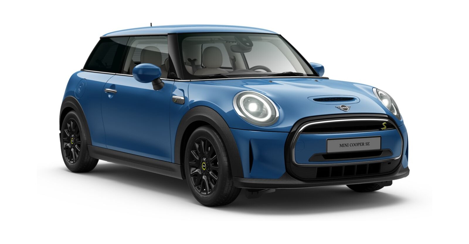 MINI Cooper SE in Blau von vorne