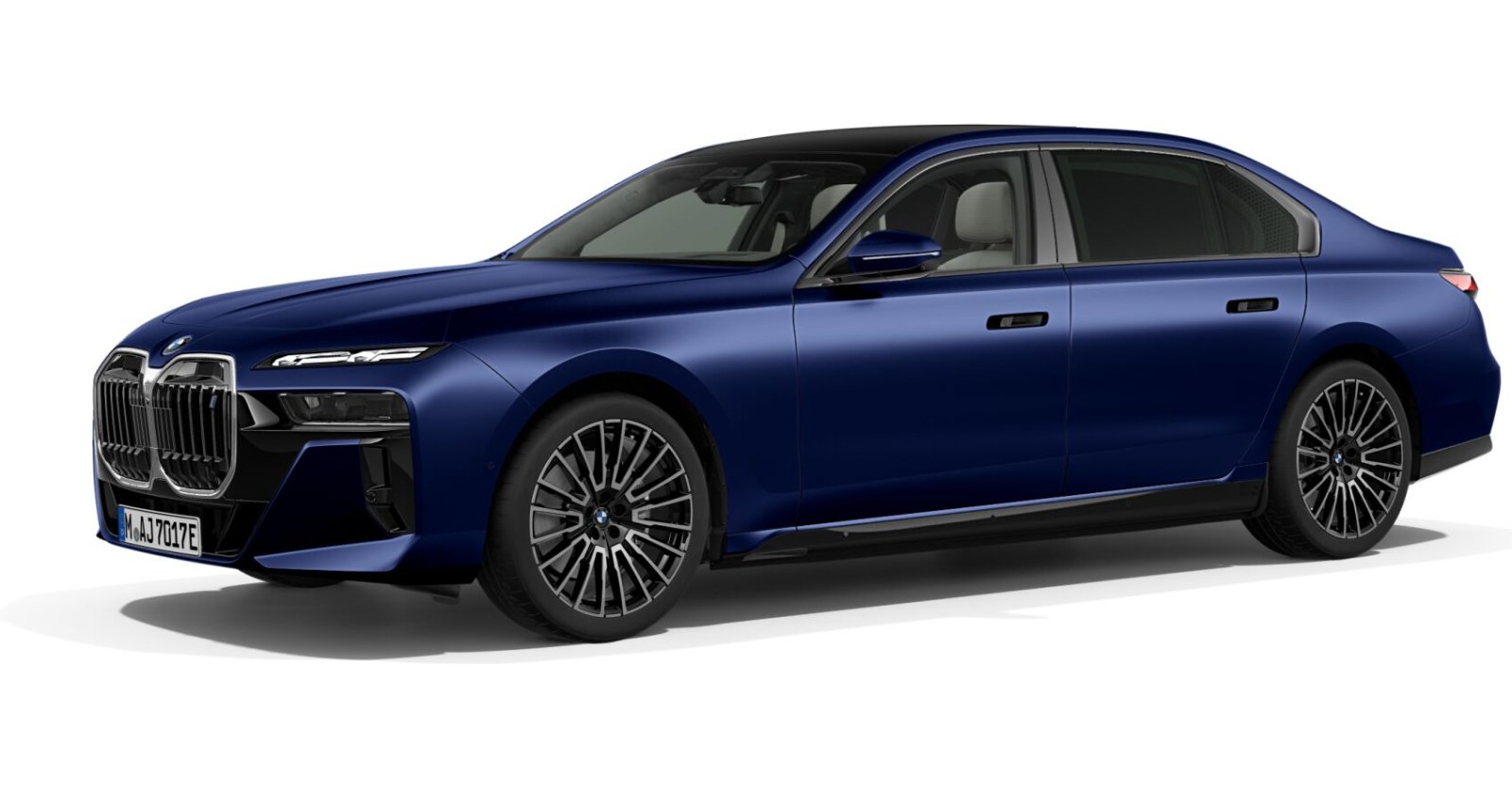 BMW i7 xDrive60 Limousine in Blau von vorne